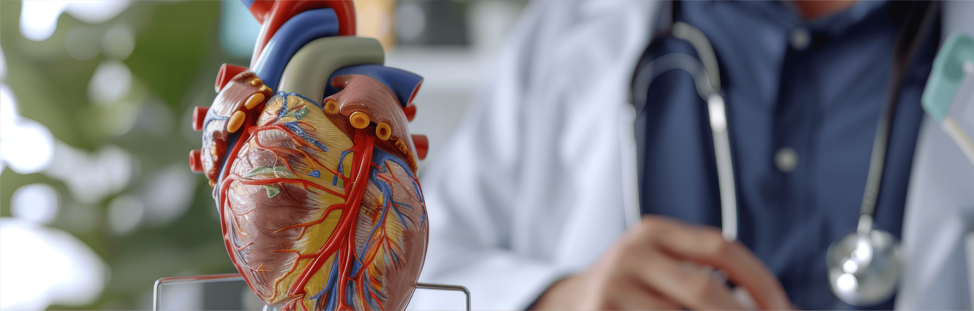 Cardiólogo sosteniendo un modelo anatómico del corazón